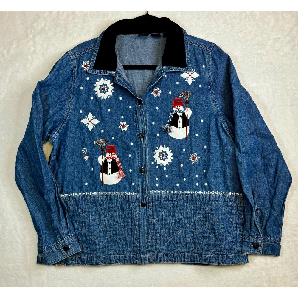 Vintage Blue Denim Snowman Shirt Shacket Embroidered Applique Large